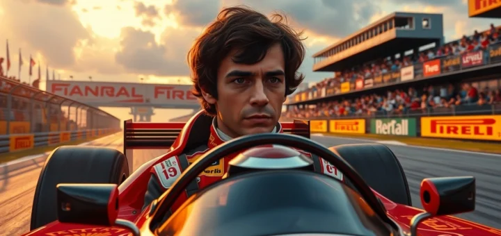 Une image photoréaliste illustrant Ayrton Senna en pleine course, montrant son impact sur la Formule 1.