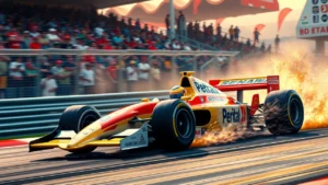 Une scène de course emblématique mettant en valeur Ayrton Senna et sa passion pour la Formule 1.