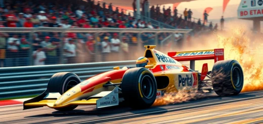 Une scène de course emblématique mettant en valeur Ayrton Senna et sa passion pour la Formule 1.