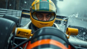 Ayrton Senna en pleine course de Formule 1, montrant son talent et ses innovations sur la piste.