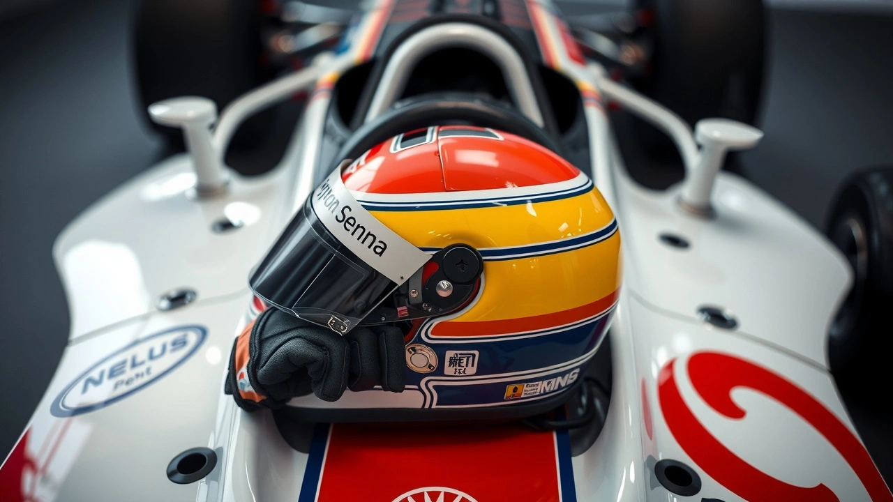 casque et gants d'Ayrton Senna sur une voiture de course