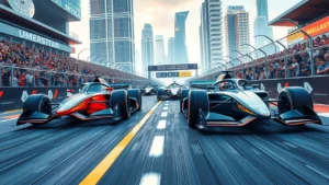 Une scène de course automobile électrique avec des voitures de Formule E et de Formule 1 sur un circuit futuriste.