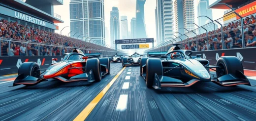 Une scène de course automobile électrique avec des voitures de Formule E et de Formule 1 sur un circuit futuriste.