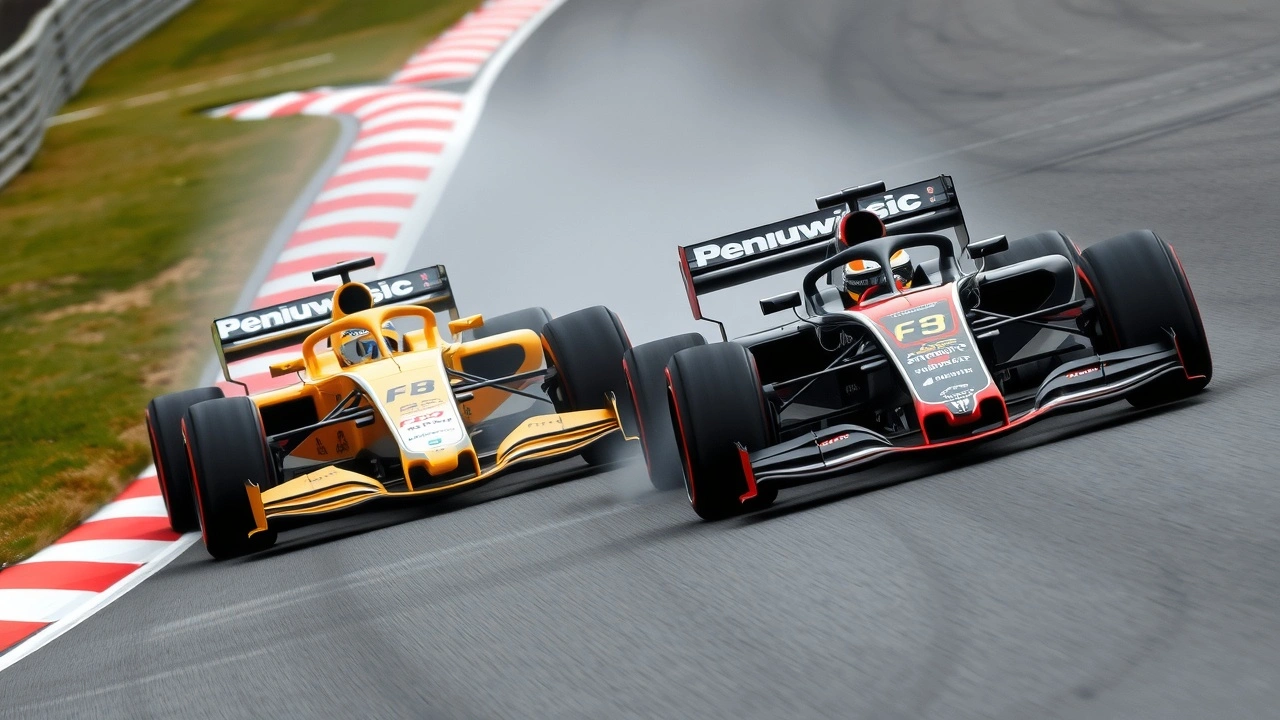 deux voitures de course se battent sur une piste de Formule 1