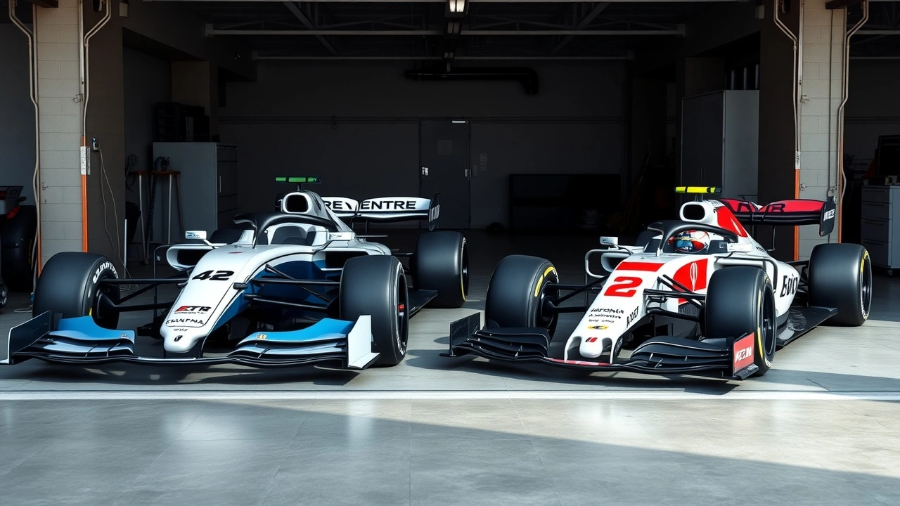 voiture de Formule E et voiture de Formule 1 dans un garage