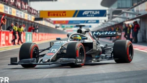 Illustration d'une voiture de Formule 1 hybride en pleine course sur un circuit.