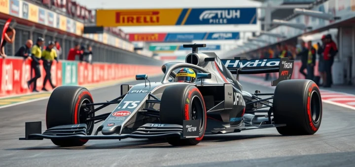 Illustration d'une voiture de Formule 1 hybride en pleine course sur un circuit.