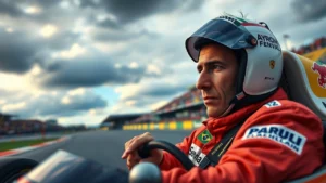 Un portrait photorealiste d'Ayrton Senna en voiture de Formule 1, illustrant la passion et l'excellence.