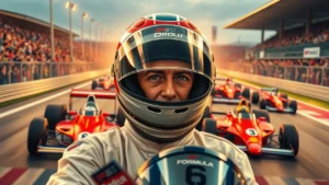 Une scène photoréaliste illustrant le parcours d'Alain Prost en Formule 1.