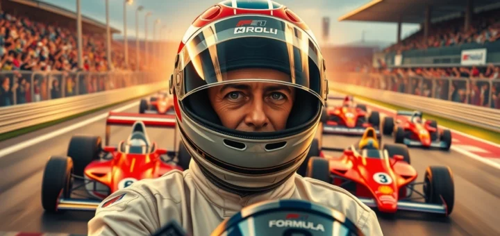 Une scène photoréaliste illustrant le parcours d'Alain Prost en Formule 1.