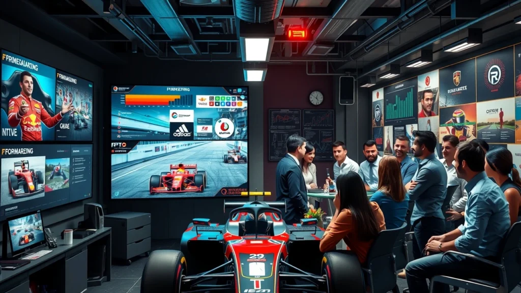 Une scène illustrant le marketing en Formule 1 avec une équipe dynamique