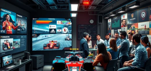 Une scène illustrant le marketing en Formule 1 avec une équipe dynamique