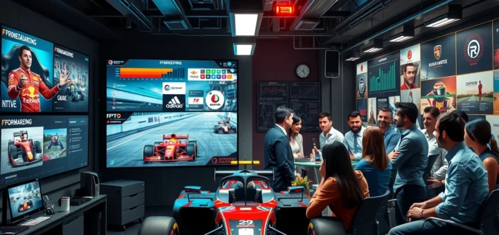 Une scène illustrant le marketing en Formule 1 avec une équipe dynamique