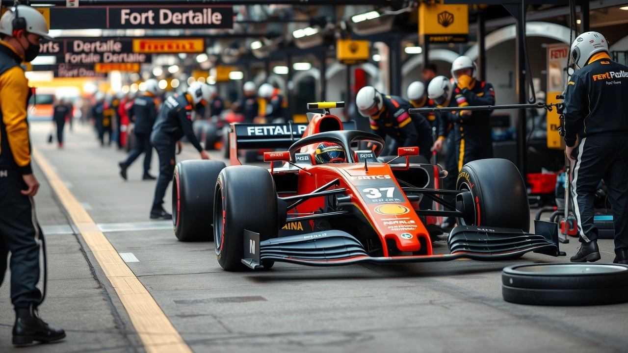 mécaniciens de Formule 1 travaillant sur une voiture