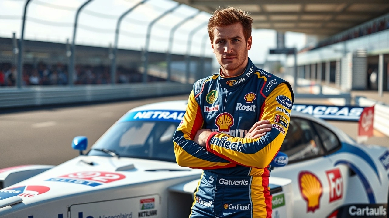 Nicolas Prost en combinaison de course à côté d'une voiture de course