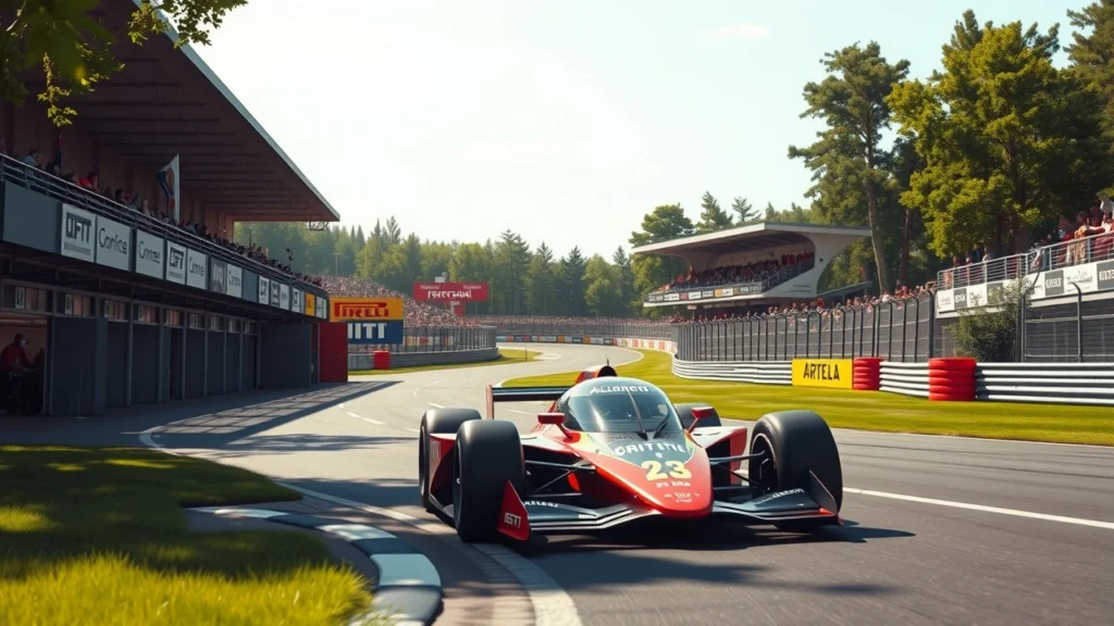 Une image photoréaliste d'une voiture de course moderne sur un circuit historique, illustrant l'héritage de Nicolas Prost.