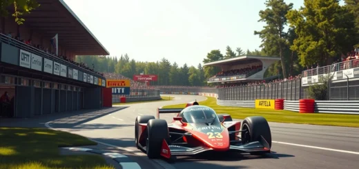 Une image photoréaliste d'une voiture de course moderne sur un circuit historique, illustrant l'héritage de Nicolas Prost.