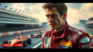 Nicolas Prost, pilote de course, sur un circuit en pleine course, incarnant l'héritage légendaire.