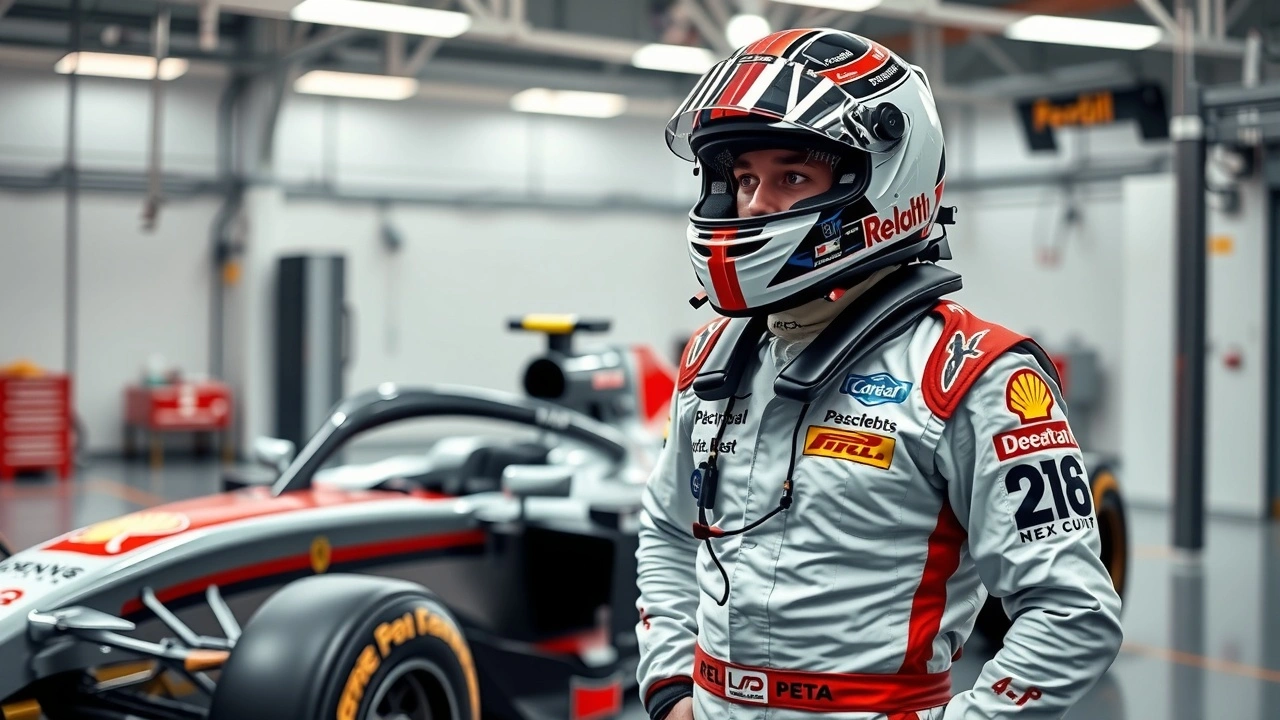 pilote de Formule 1 avec équipement de sécurité dans un garage