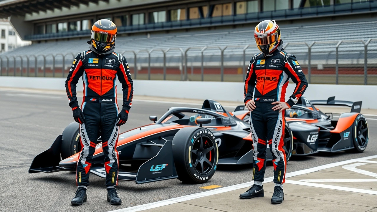 deux pilotes de Formule E avec leurs voitures de course