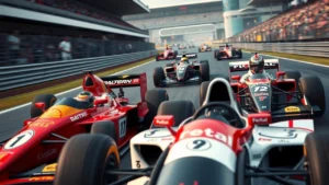 Des pilotes emblématiques de la Formule 1 en pleine course, illustrant la stratégie et l'intensité de la compétition.