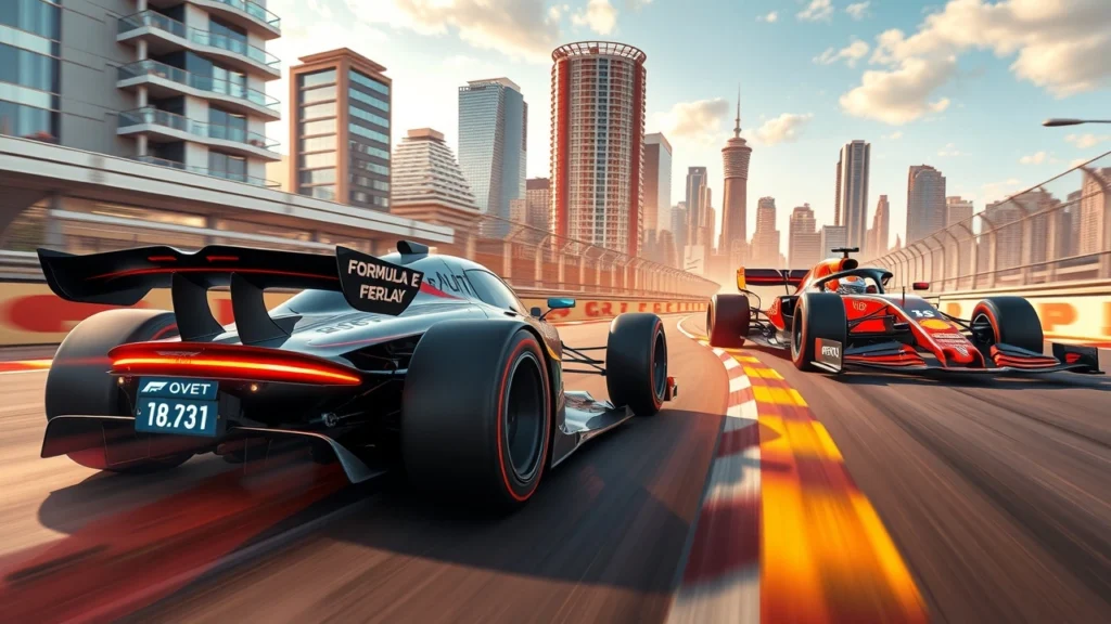 Une scène de course captivante entre une voiture de Formule E et une voiture de Formule 1 dans un circuit urbain.