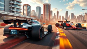 Une scène de course captivante entre une voiture de Formule E et une voiture de Formule 1 dans un circuit urbain.