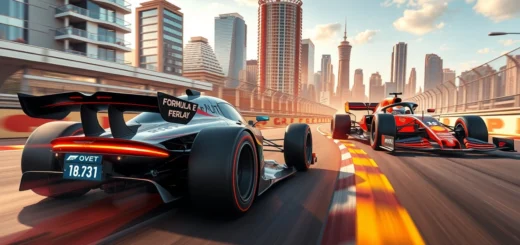 Une scène de course captivante entre une voiture de Formule E et une voiture de Formule 1 dans un circuit urbain.