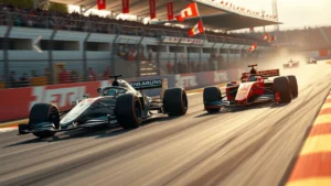 Une scène de course photoréaliste illustrant la rivalité entre deux pilotes de Formule 1.