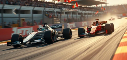 Une scène de course photoréaliste illustrant la rivalité entre deux pilotes de Formule 1.