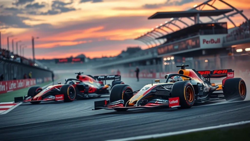 Une scène dramatique illustrant les rivalités modernes de la Formule 1.