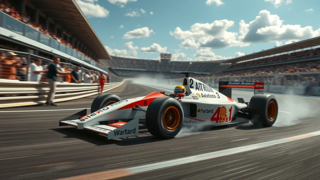 Une scène de course de Formule 1 illustrant Ayrton Senna, capturant la vitesse et l'adrénaline.
