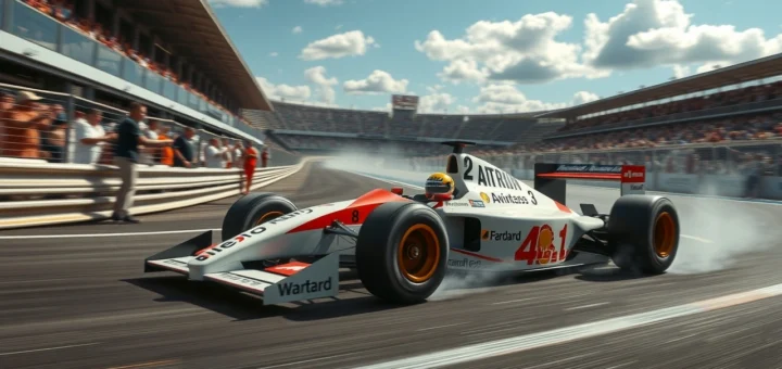 Une scène de course de Formule 1 illustrant Ayrton Senna, capturant la vitesse et l'adrénaline.