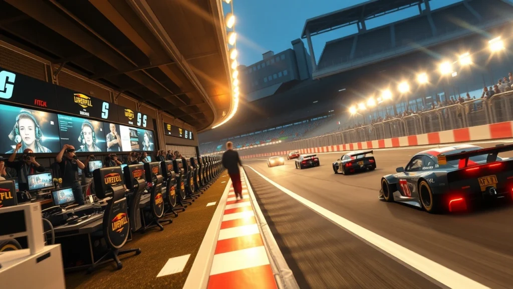 Une scène photoréaliste montrant la dynamique de la compétition automobile et des sports électroniques.