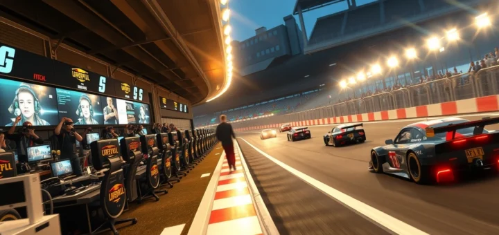 Une scène photoréaliste montrant la dynamique de la compétition automobile et des sports électroniques.