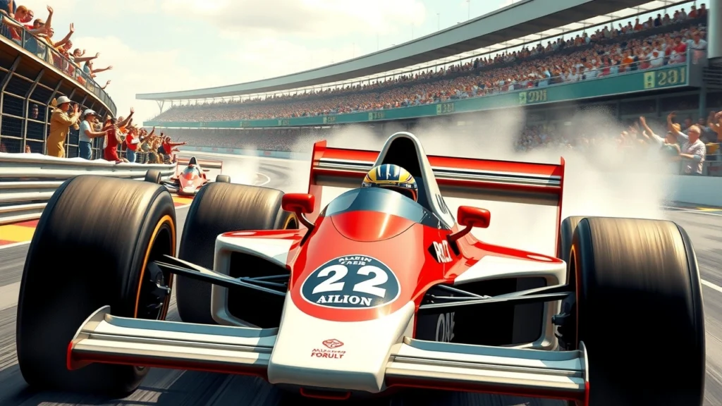 Une illustration réaliste d'Alain Prost, l'icône de la Formule 1, en pleine course.