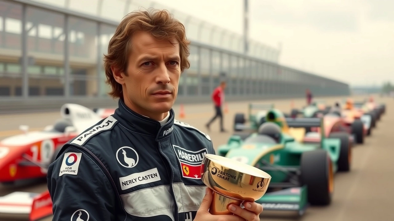 Alain Prost avec un trophée de Formule 1