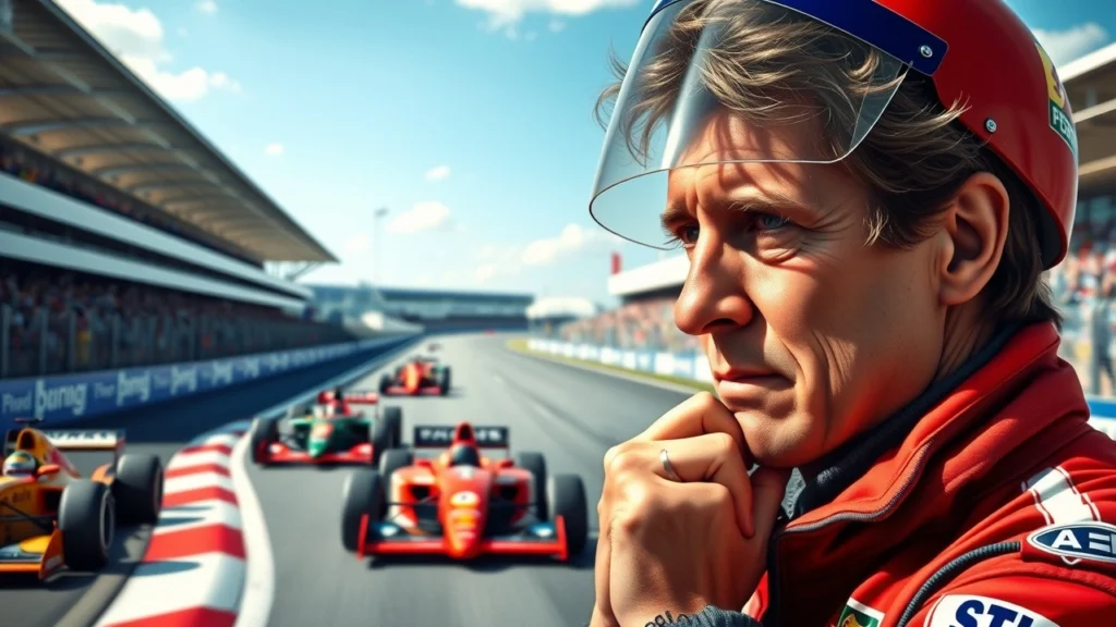 Portrait photoréaliste d'Alain Prost réfléchissant à l'avenir de la Formule 1.