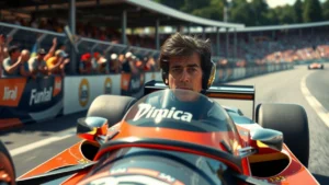 Une illustration photoréaliste d'Ayrton Senna en pleine course, mettant en valeur son talent exceptionnel et son destin tragique.