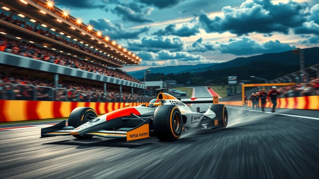 Une image illustrant une voiture de Formule 1 inspirée par Ayrton Senna, symbolisant la passion et le dévouement.