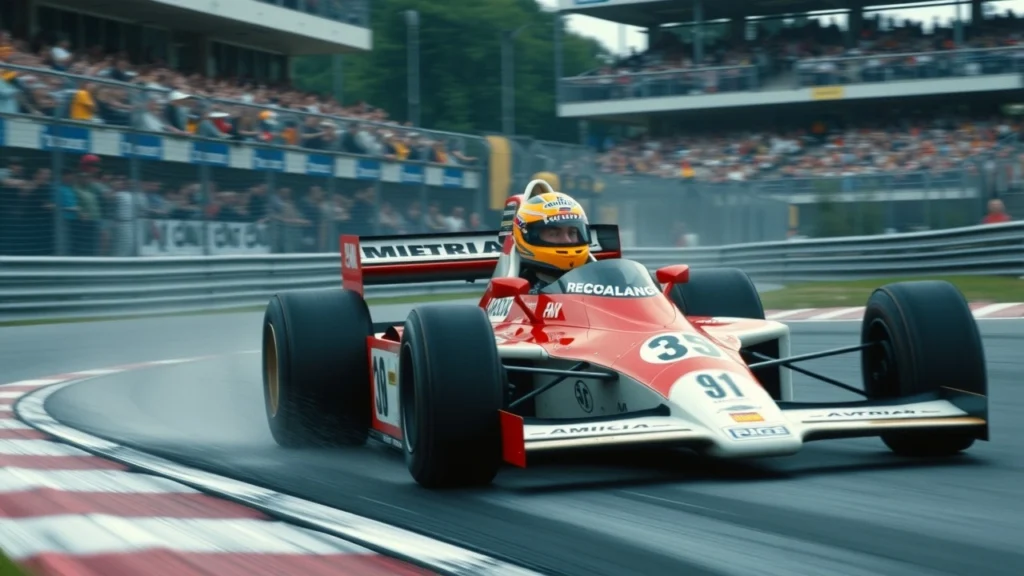 Une illustration photorealiste d'Ayrton Senna en course de Formule 1.