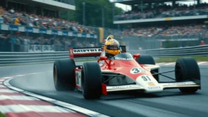 Une illustration photorealiste d'Ayrton Senna en course de Formule 1.