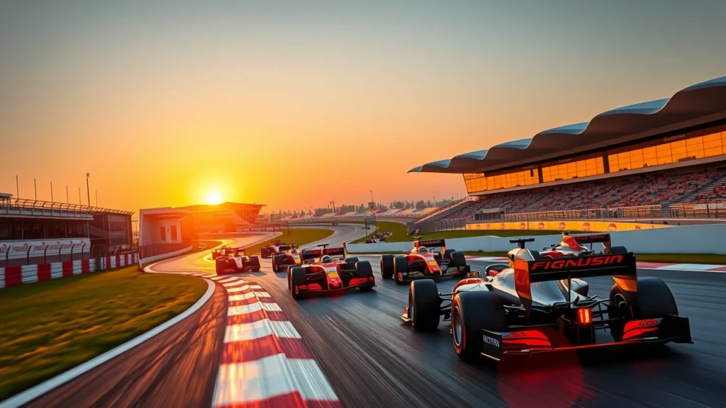 Une représentation photoréaliste du circuit de Yas Marina pendant une course de Formule 1, mettant en avant la vitesse et la technique des pilotes.