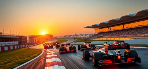 Une représentation photoréaliste du circuit de Yas Marina pendant une course de Formule 1, mettant en avant la vitesse et la technique des pilotes.