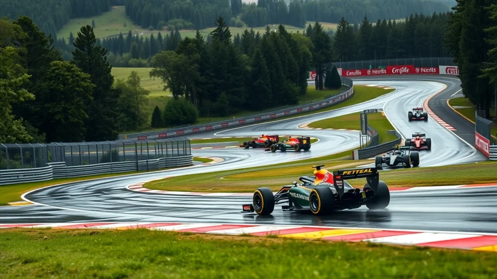Une représentation photoréaliste du circuit de Spa-Francorchamps avec ses défis techniques et stratégiques.
