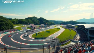 Une illustration photoréaliste du circuit de Suzuka pendant un Grand Prix de Formule 1, montrant les voitures de course sur la piste avec des spectateurs et le paysage environnant.