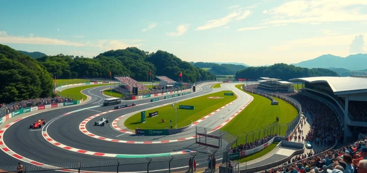 Une illustration photoréaliste du circuit de Suzuka pendant un Grand Prix de Formule 1, montrant les voitures de course sur la piste avec des spectateurs et le paysage environnant.