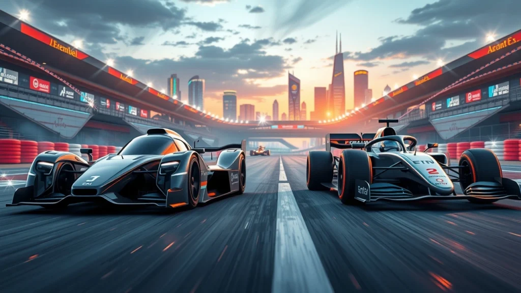 Comparaison entre une voiture de Formule E et une voiture de Formule 1 sur un circuit futuriste.