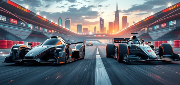 Comparaison entre une voiture de Formule E et une voiture de Formule 1 sur un circuit futuriste.