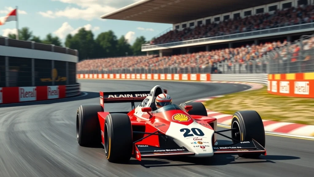 Une illustration photoréaliste de la course d'Alain Prost en Formule 1.